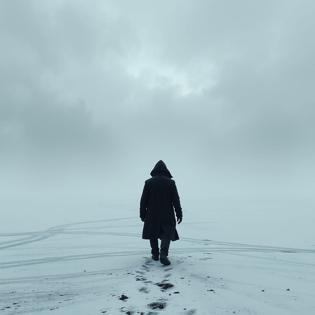 Ethereal Figure Emerges from Grey Ashy Snowscape