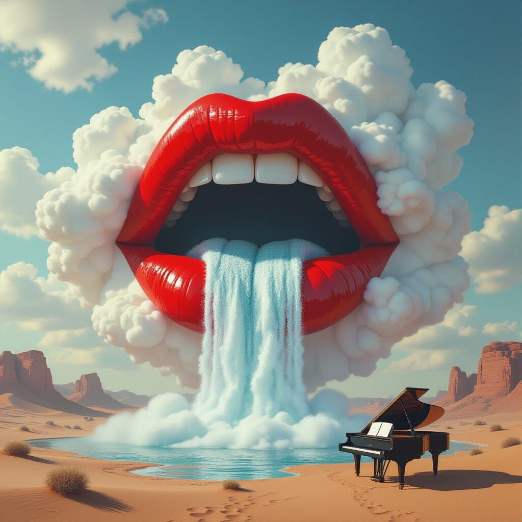 Surreal Waterfall from Giant Lips in Desert Dreamscape