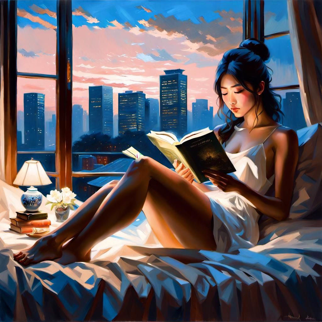 Japanese Girl Reading in Futuristic Bedroom Painting