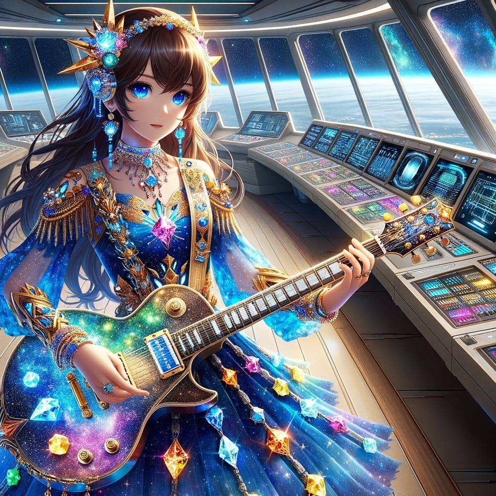 Anime Woman Plays Celestial Guitar in Space