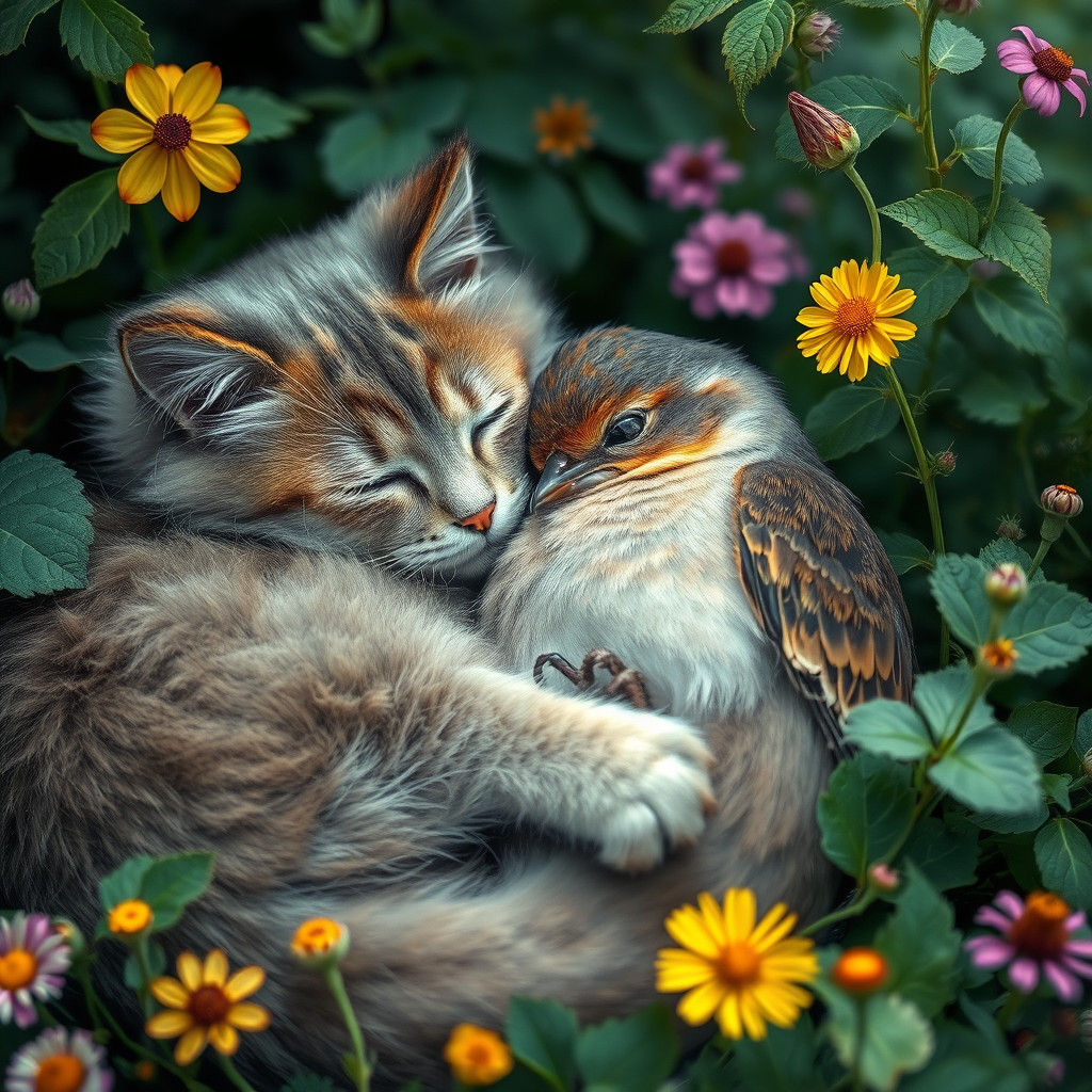 Cat and Nightingale in Dreamlike Slumber