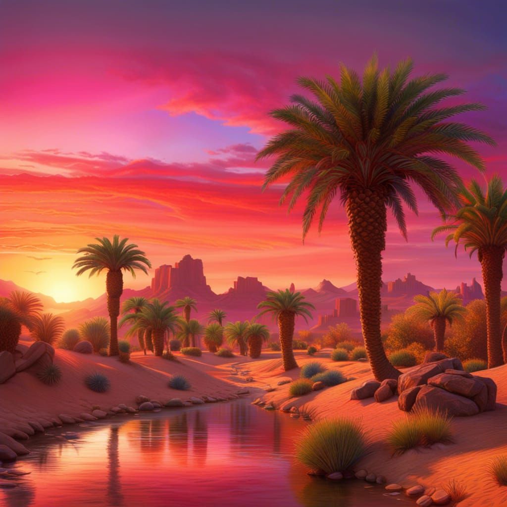 Desert Oasis Sunset Panorama in Hyperrealistic Style
