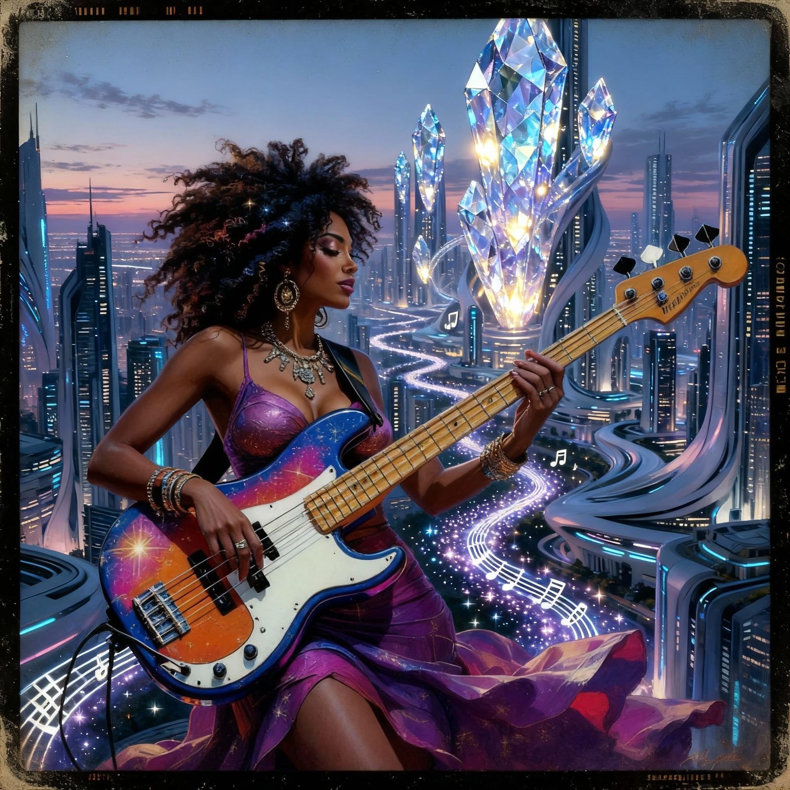 Afro-Latina Musician in Futuristic Cityscape at Twilight