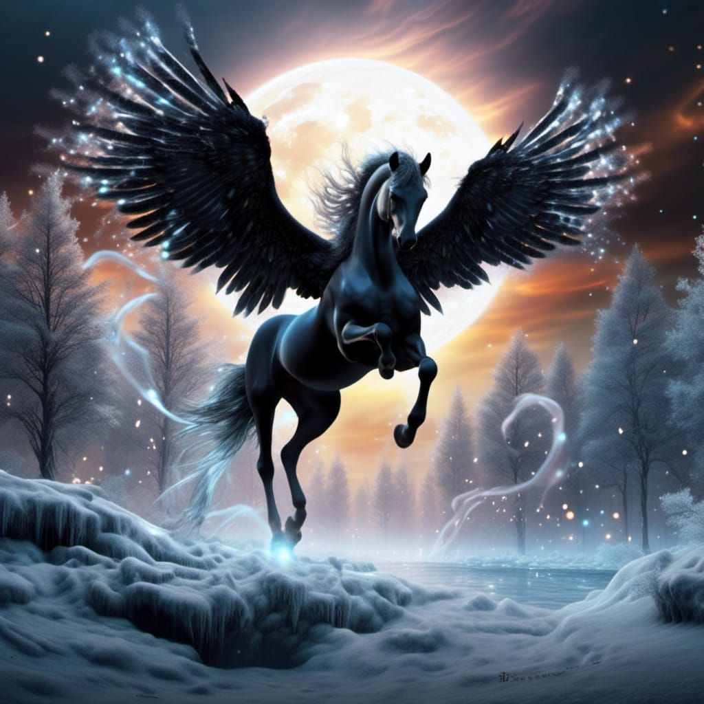 Ethereal Black Pegasus with Bioluminescent Moon