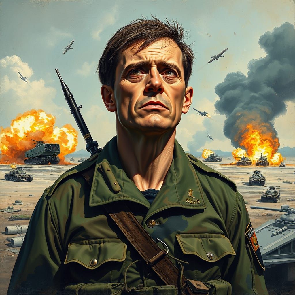 War-Torn Soldier in a Desolate Landscape