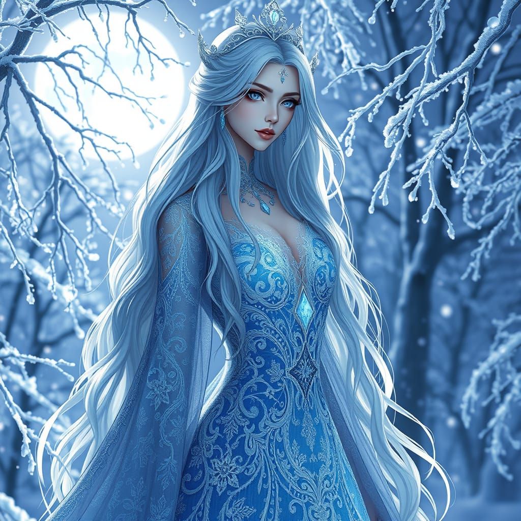 Ethereal Goddess of Winter in Glowing Crystal Gown