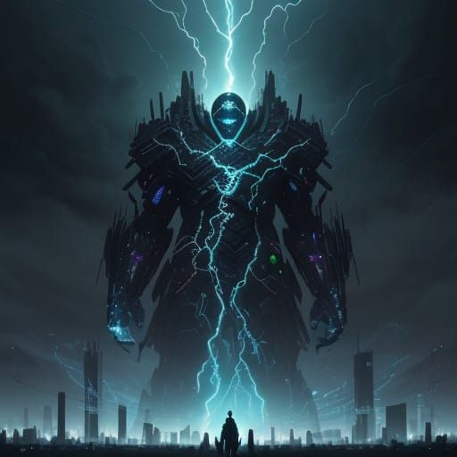 Electric Harbinger of Doom in Cyberpunk Cityscape