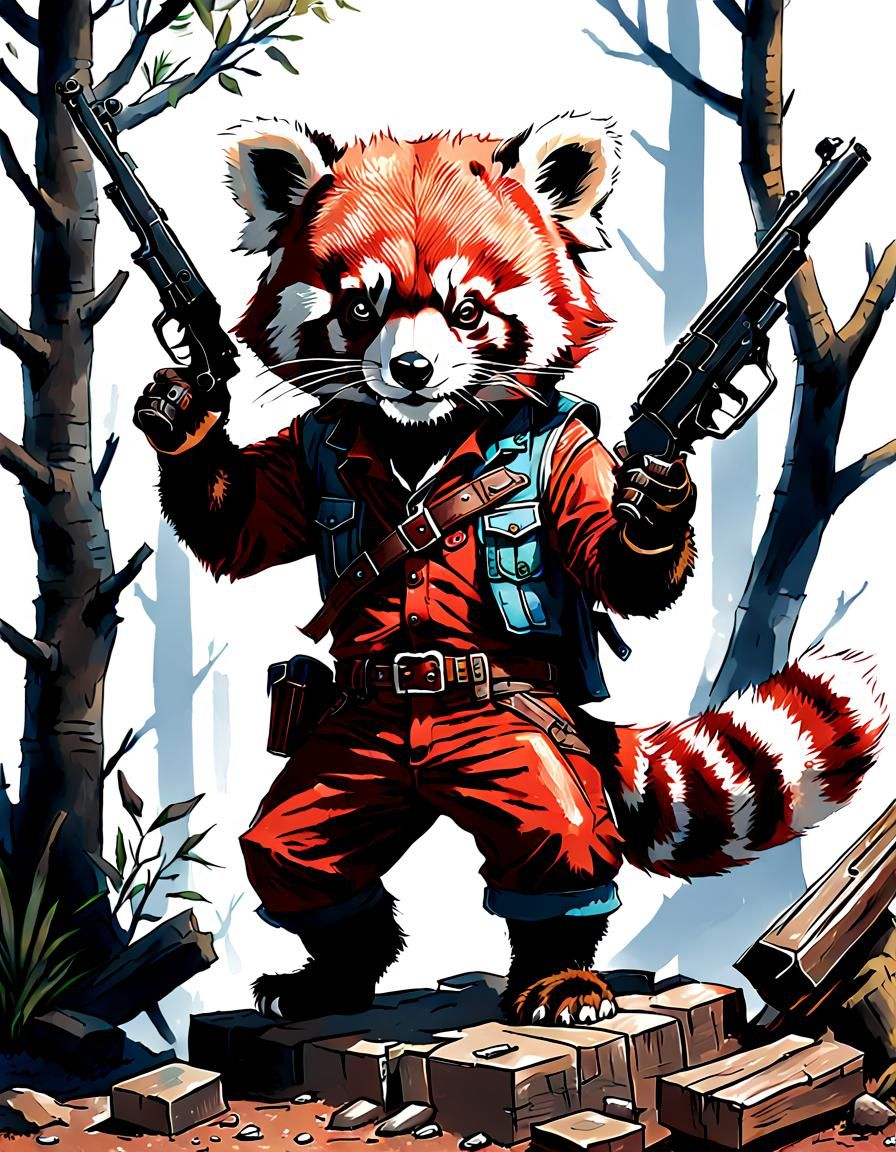 Red Panda Gunslinger: Monochrome Wash Drawing