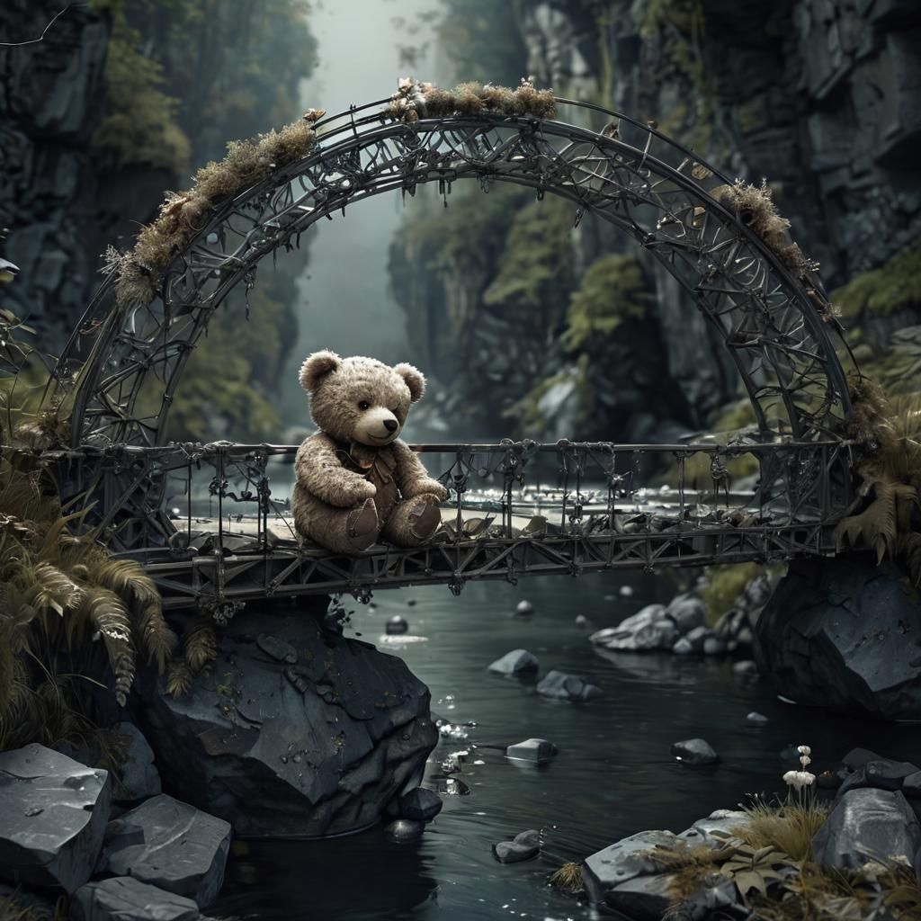 Teddy Bear Lost on Ghostly Post-Apocalyptic Bridge