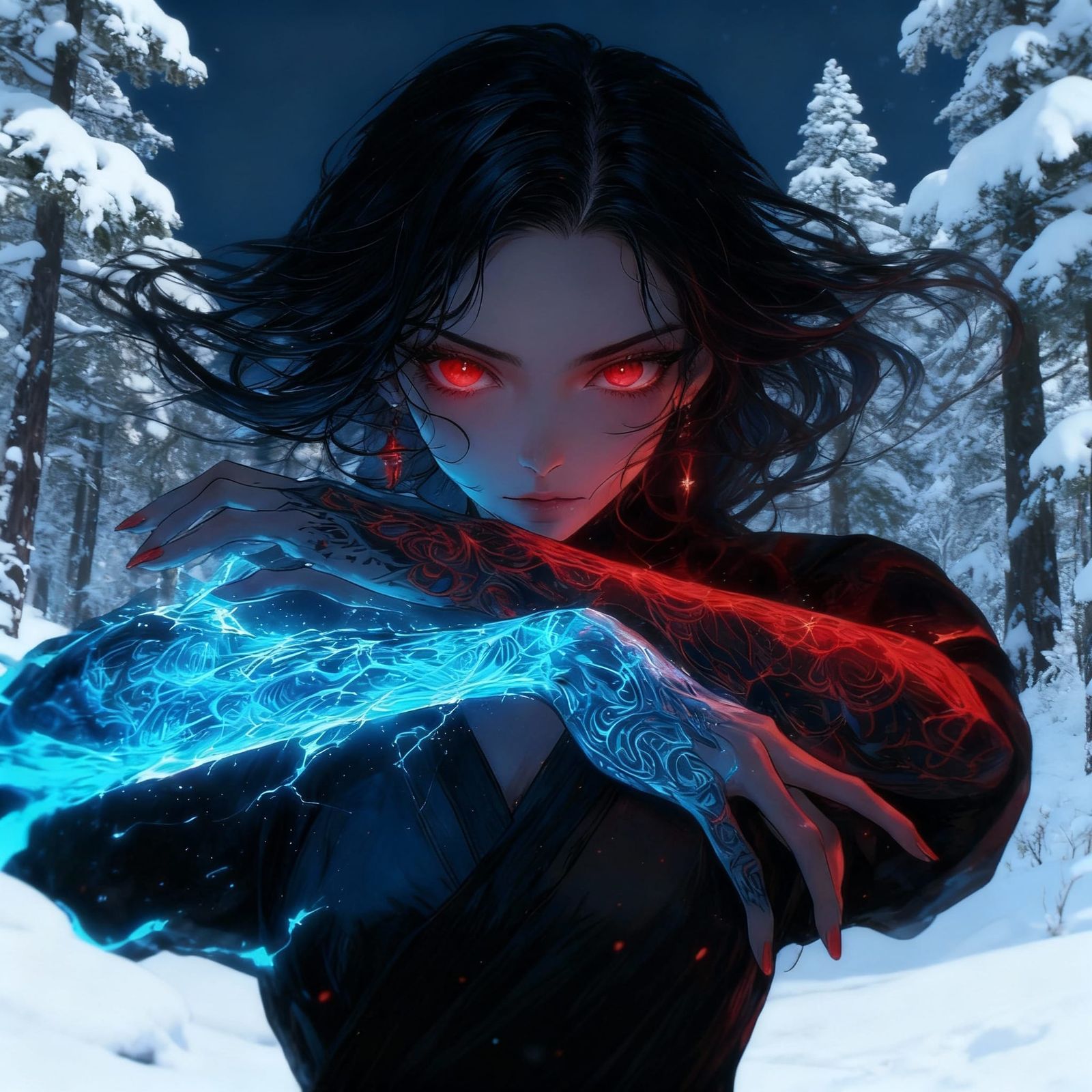 Anime Girl with Fiery Tattoos and Neon Designs