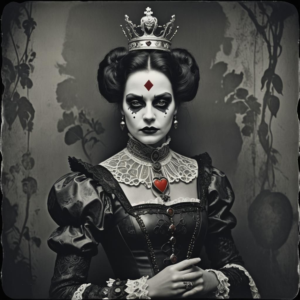 Dark Queen of Hearts: Unsettling Black and White Photo