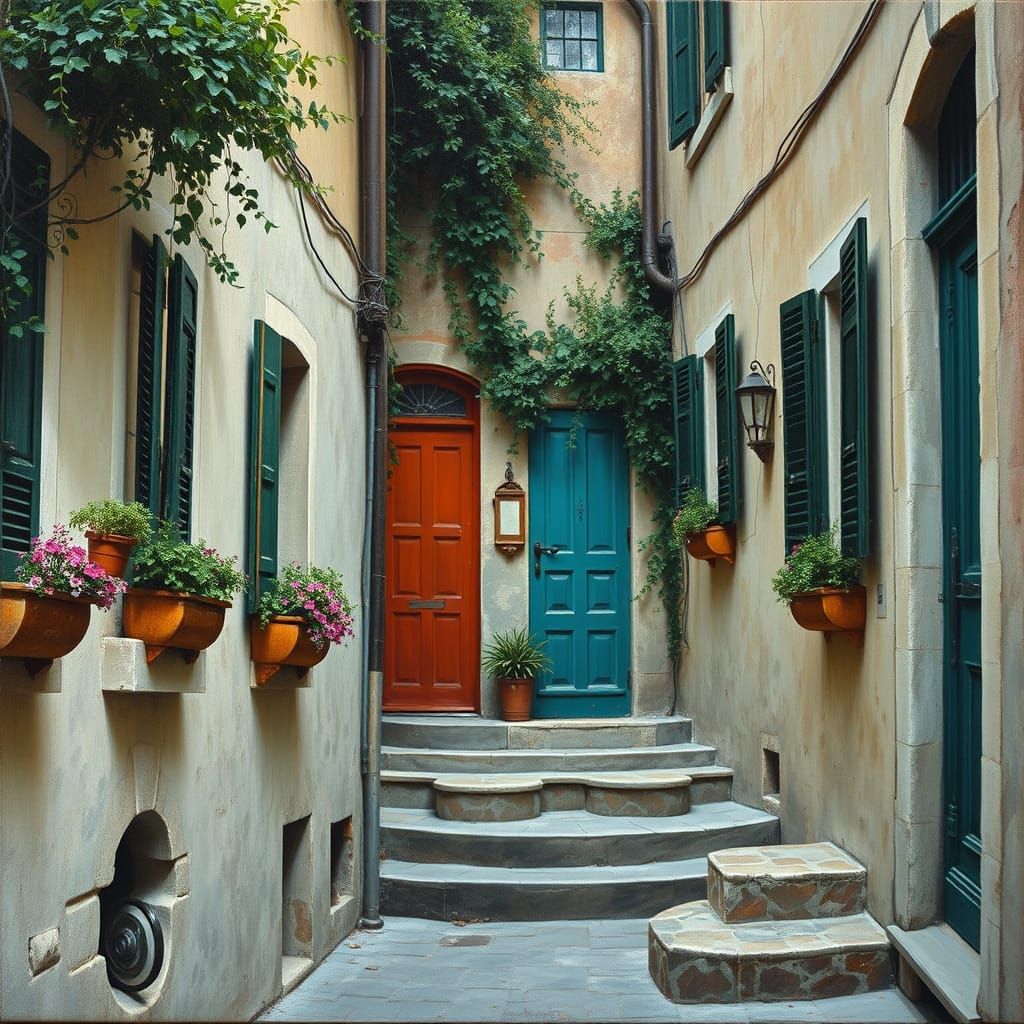 Italian Back Alleyway in Photorealistic Oil Painting Style