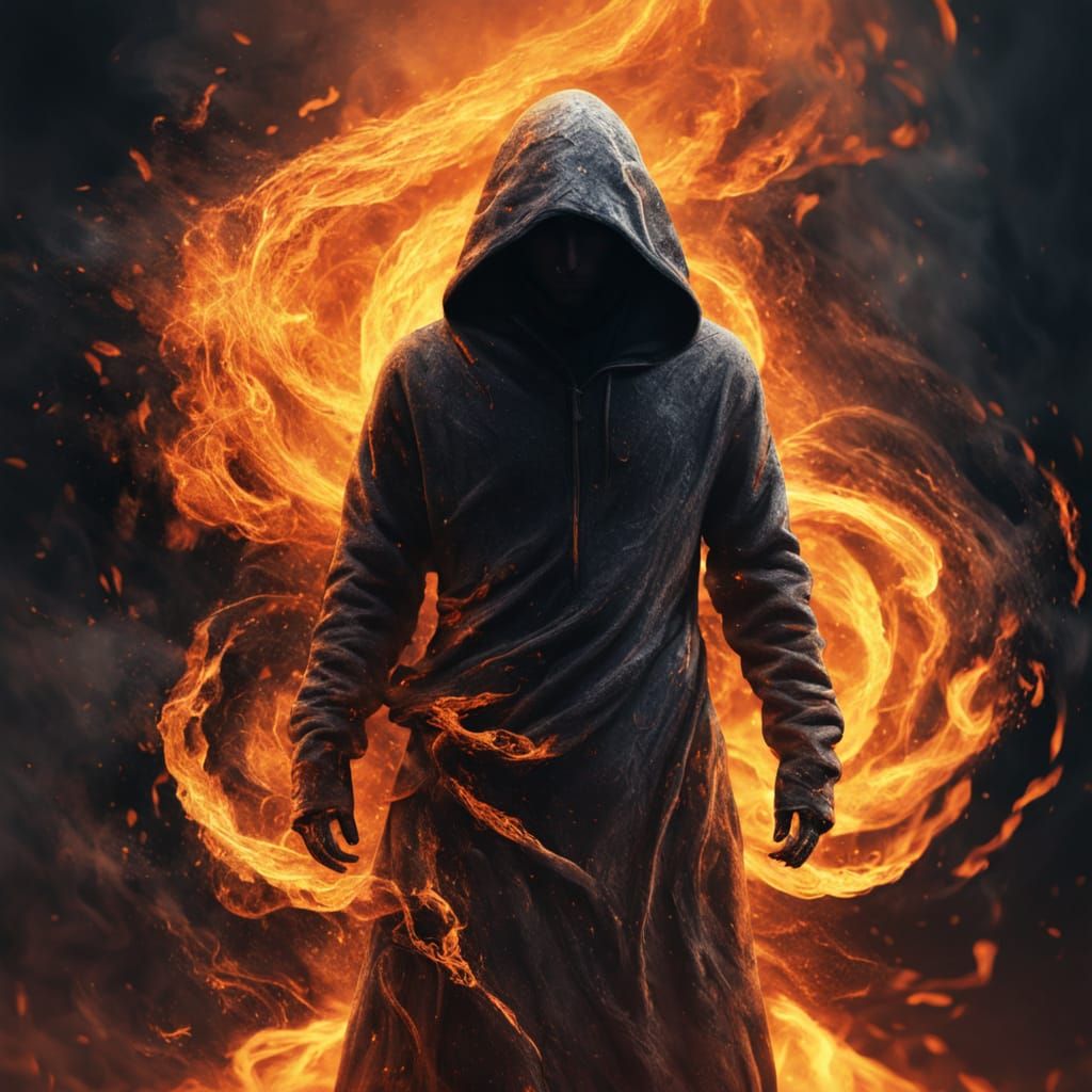 Hooded Figure in Swirling Flames, Dark Cinematic Concept Art