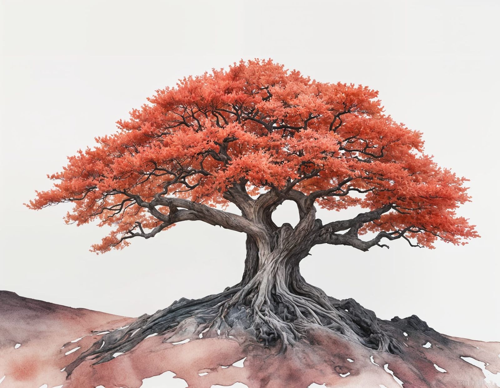 Watercolor Coral Tree Perched on a Serene Mountain Peak