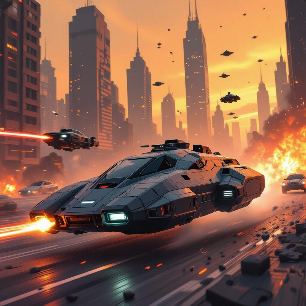 Cyberpunk Hovercraft Amidst War-Torn Cityscape