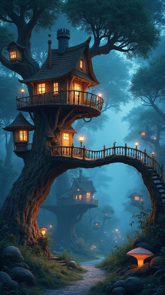 Bioluminescent Treehouses Under Moonlight, Whimsical Fantasy...