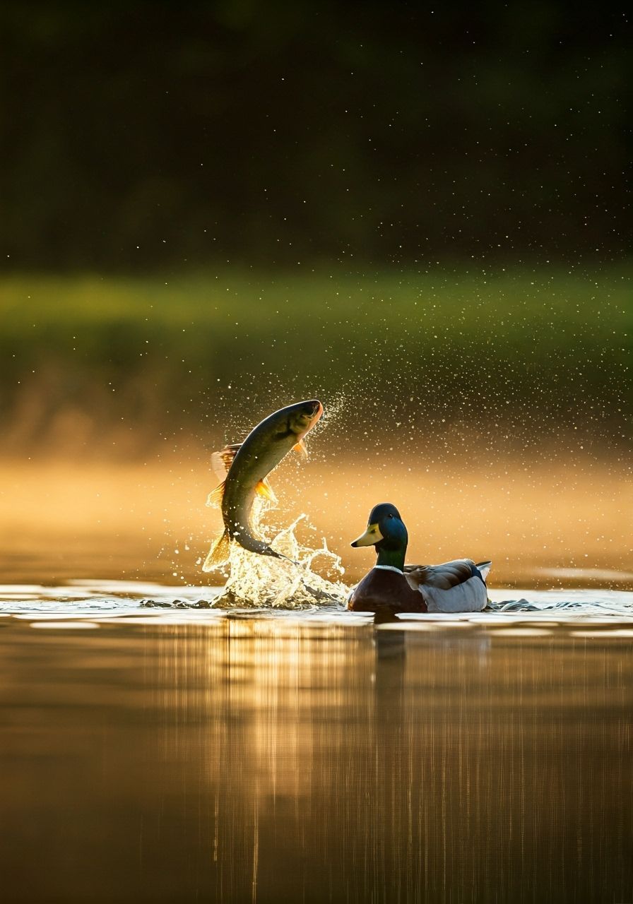 Fish Jumps Over Duck at Misty Sunrise Lake