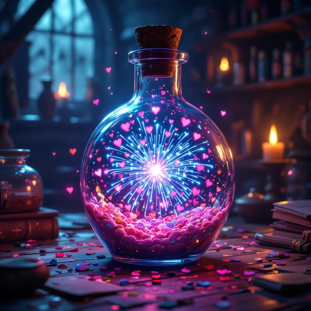 Mystical Potion Bottle with Glowing Heart Fireworks