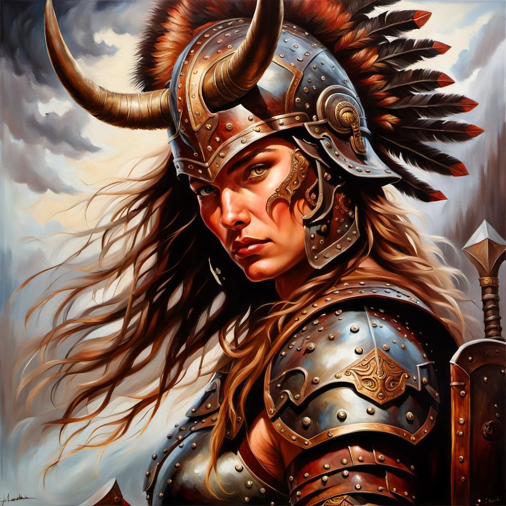Barbarian Woman with Horned Helmet: Oil Painting