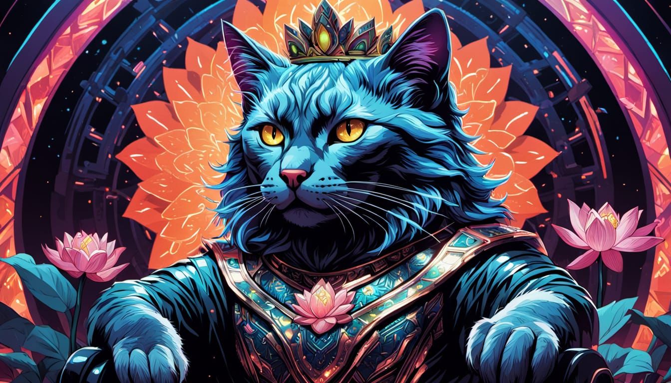Futuristic Cat Queen with Metallic Fur and Holographic Detai...
