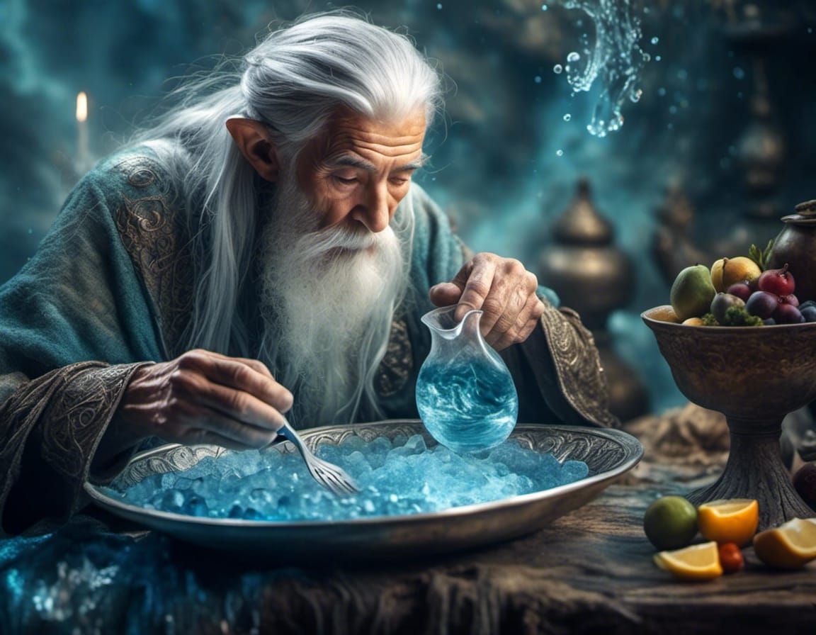 Elven Wizard Scrying with Glowing Water