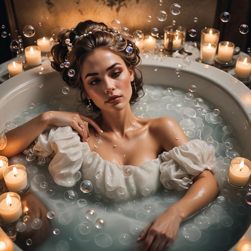 Elegant Lady Relaxing in Candlelit Bubble Bath