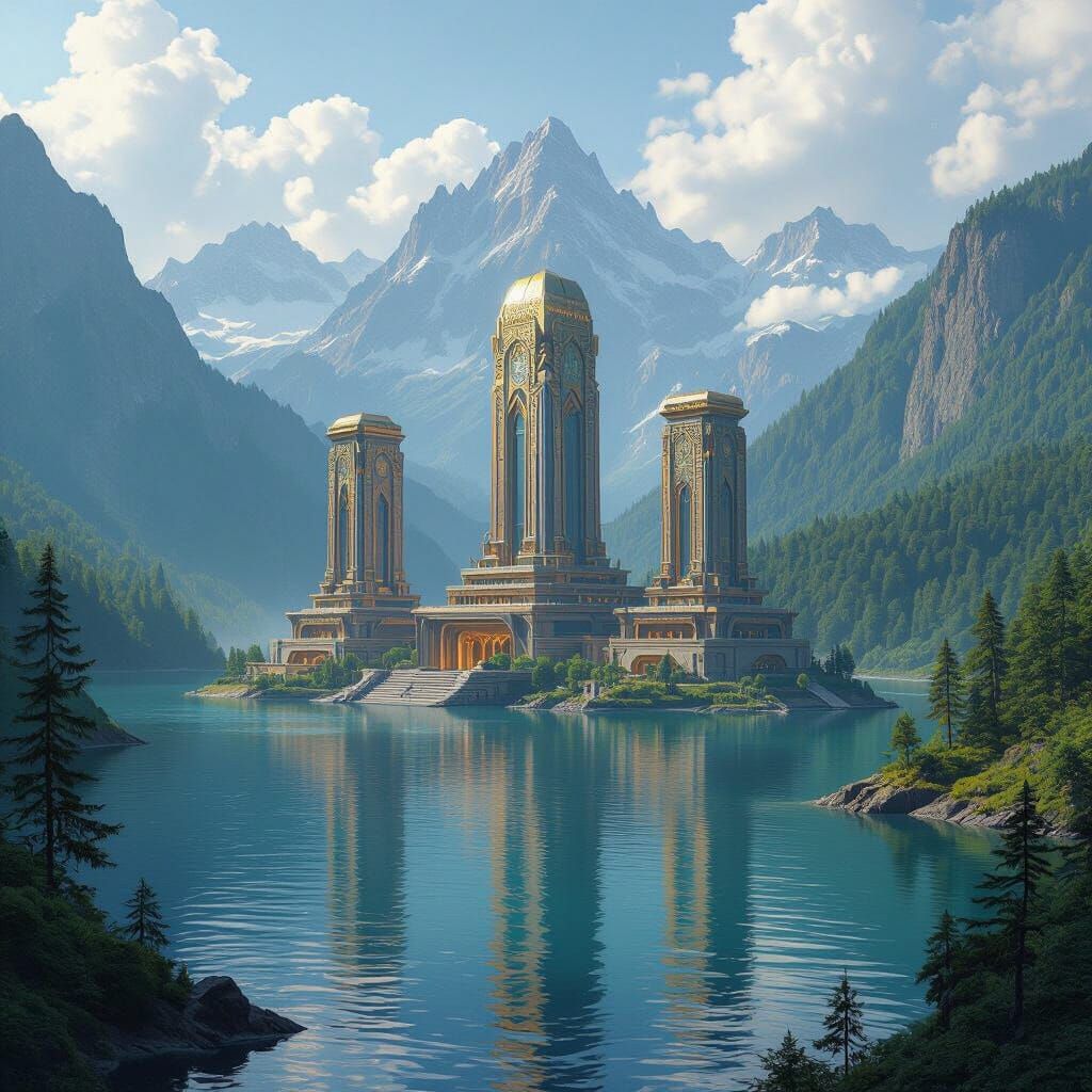 Mystical Structures Rise from Lake in Futuristic Style