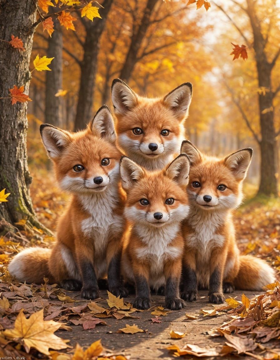 Three Adorable Fox Kits Play in Autumn Leaves