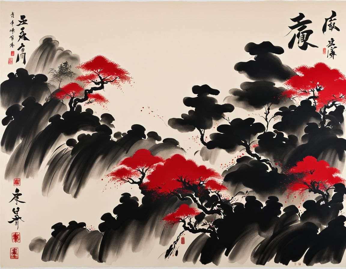 Expressive Chinese Calligraphy in Bold Black and Red Inks