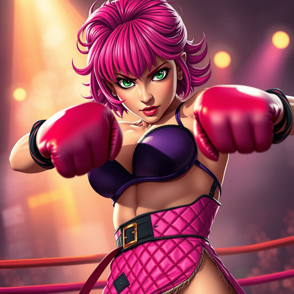 Confident Boxer in Dreamlike Realm with Vibrant Hair and Stu...