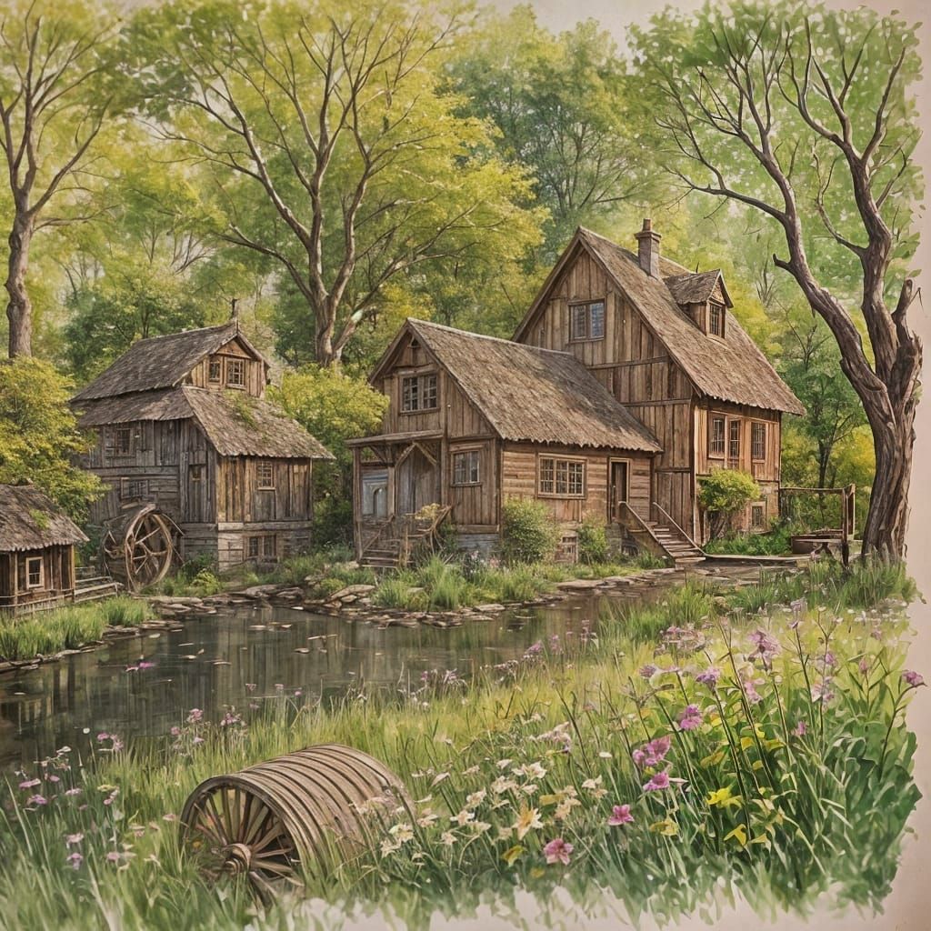Charming Cottage in Magical Meadow: Indian Ink Painting