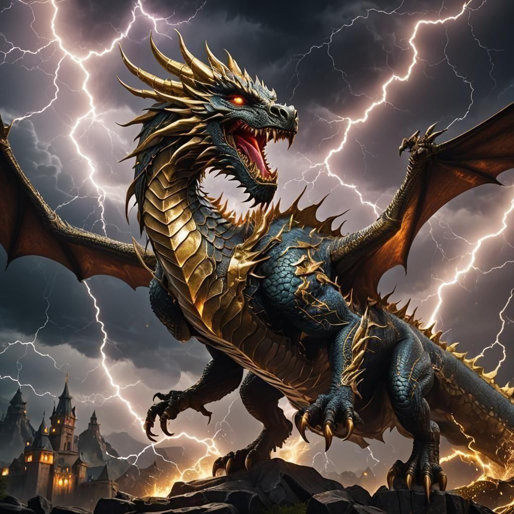 Golden Dragon in Lightning Storm