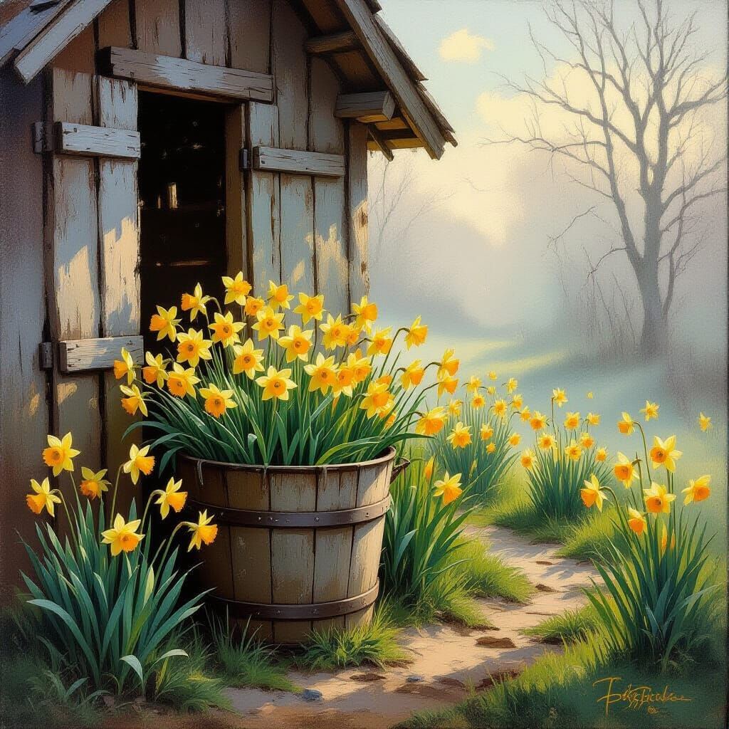 Daffodils Surround Shed in Impasto Oil Painting