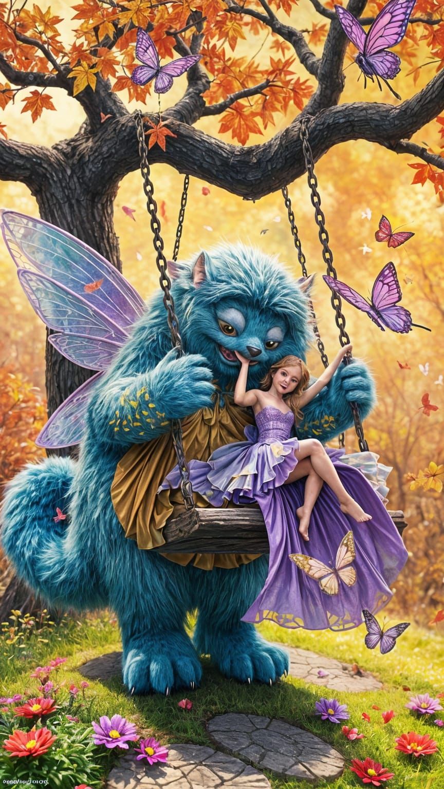 Monster Pushing a Beautiful Fairy on a Tree Swing. 🧚‍♀️