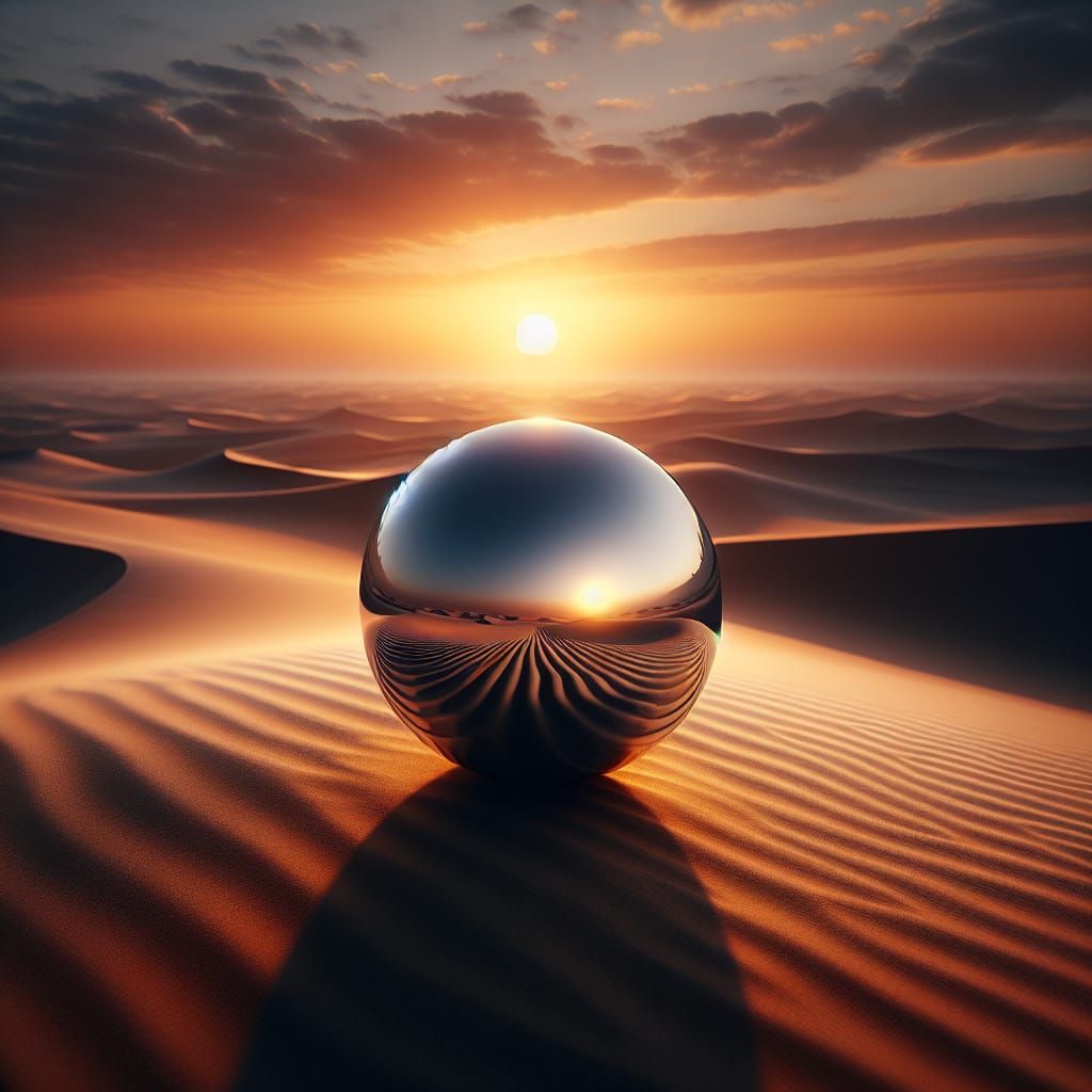 Smooth Chrome Sphere Reflects Desert Sunset in Perfect Harmo...