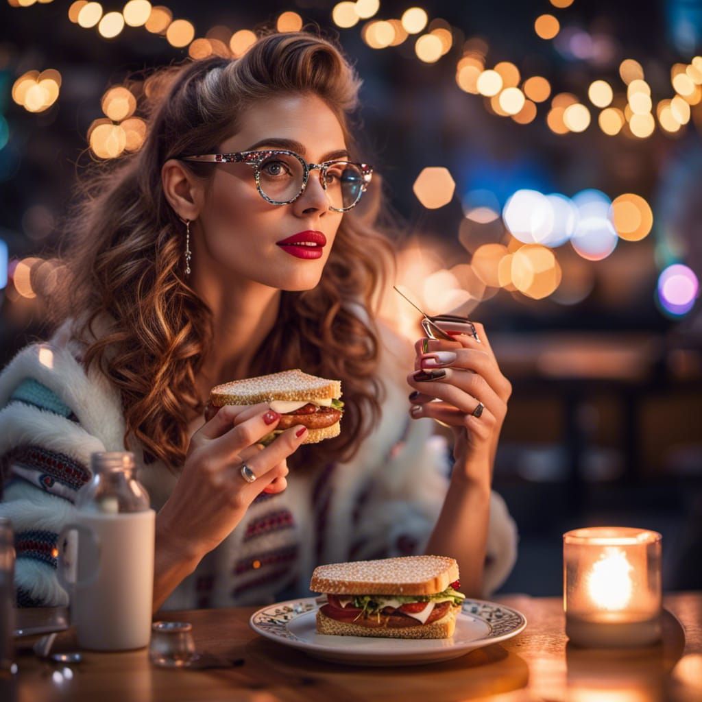 high-resolution, ultra-detailed, 8K closeup of"Pamela Reif" fitness influencer eating a very weird sandwic on a nightcaf...