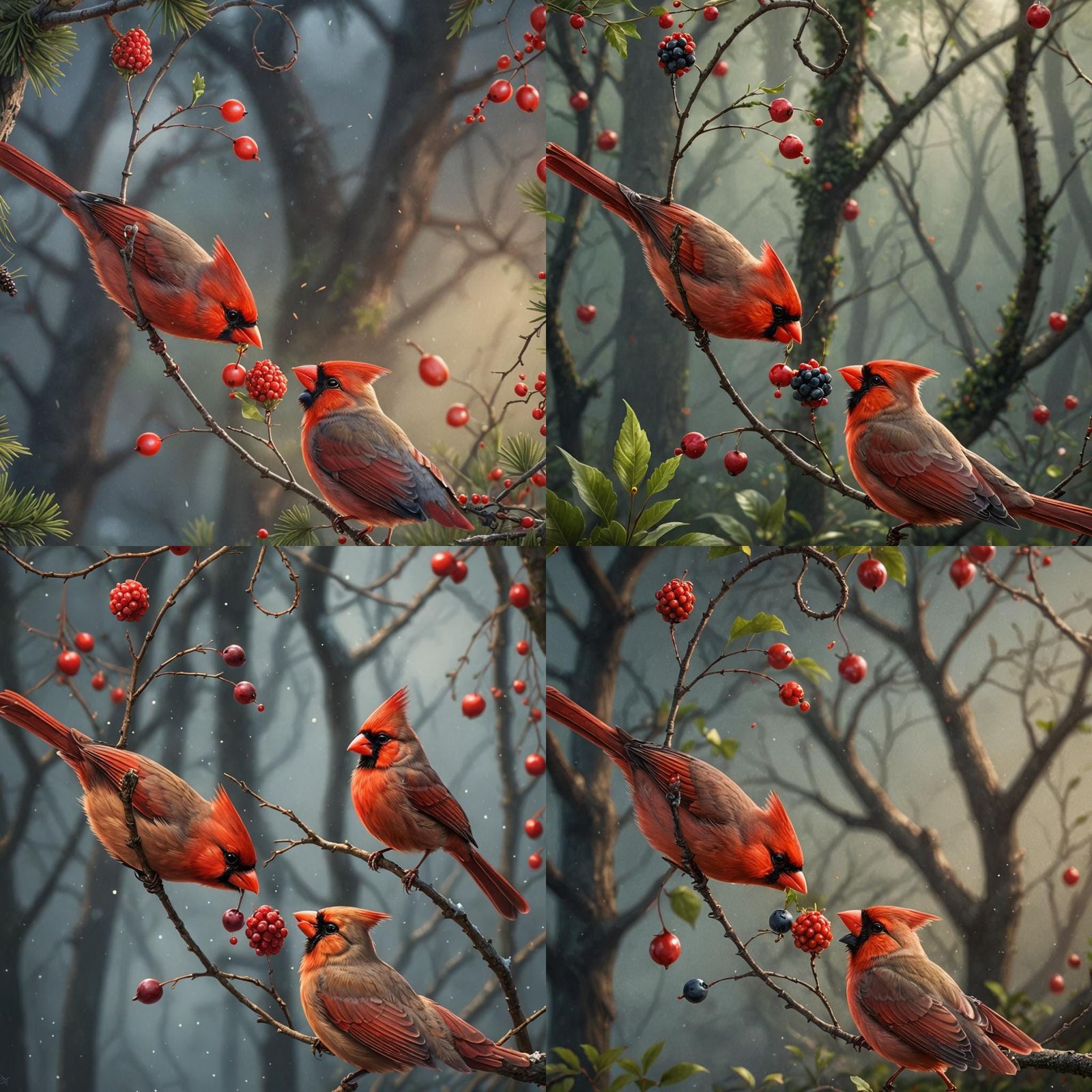 Cardinals Sharing Berry: Detailed Matte Painting