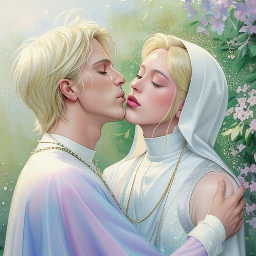 Whimsical Watercolor Portrait of Two Lovers Amidst Glitterin...