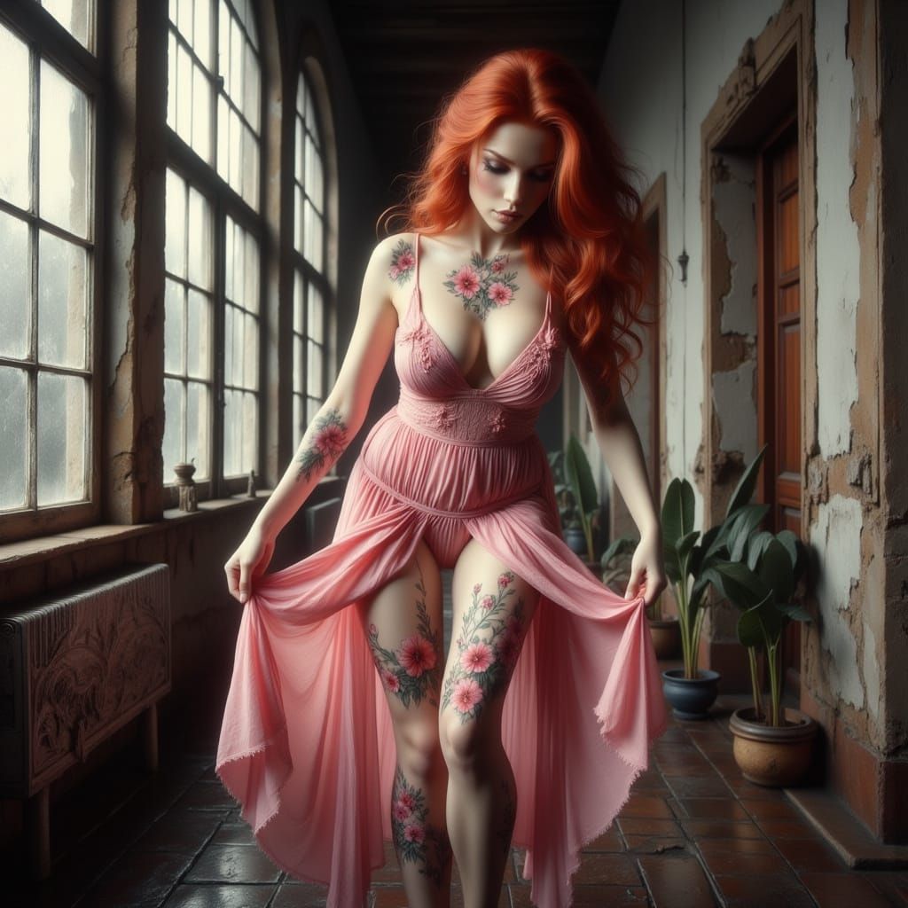 Surreal Redhead Showcases Vibrant Flower Tattoos on Her Leg