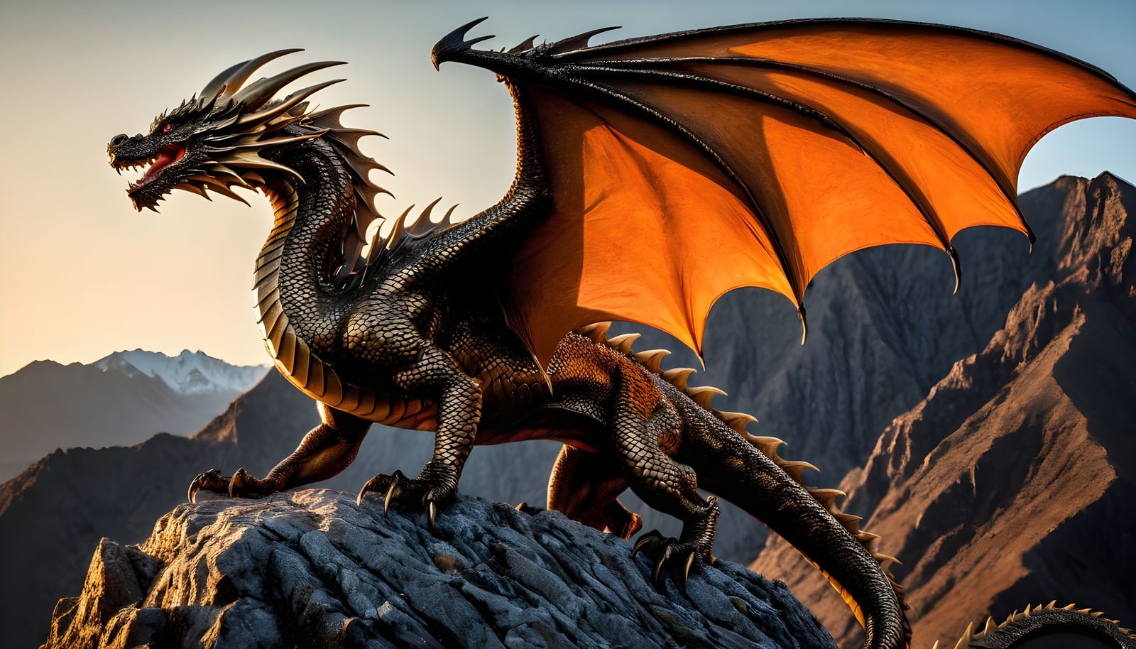 Bronze Dragon on Barren Mountain, Fantasy Art in 90s Style