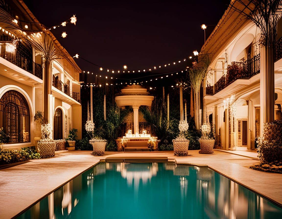 Vintage Mansion Courtyard Pool Party, 1960s Style