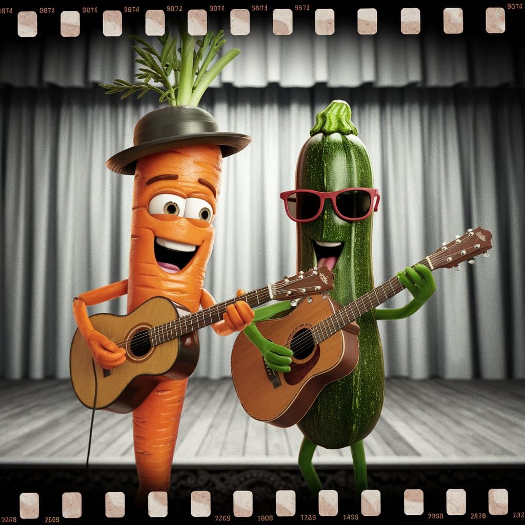 Singing Carrot and Zucchini in a Film Still