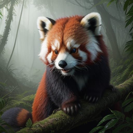 Curious Red Panda in Lush Jungle Twilight