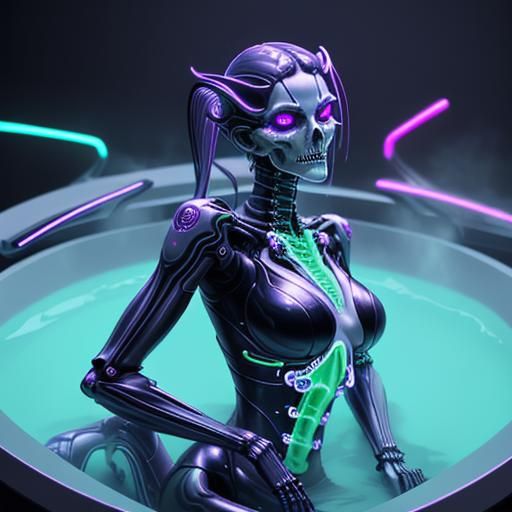 Neon Skeleton Glass Woman in Milk Bath