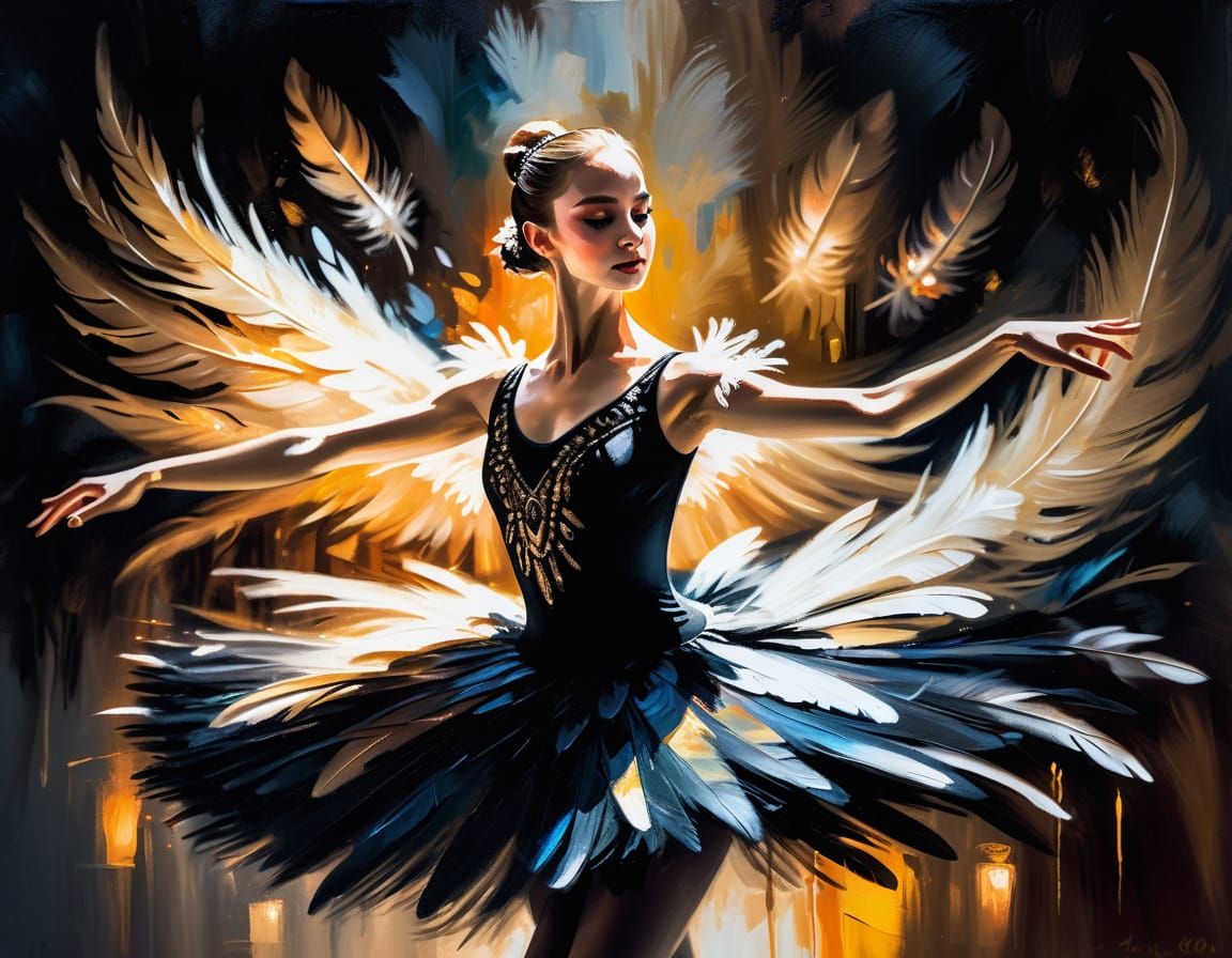 Ballerina in Black Swan Costume Dances on Stage