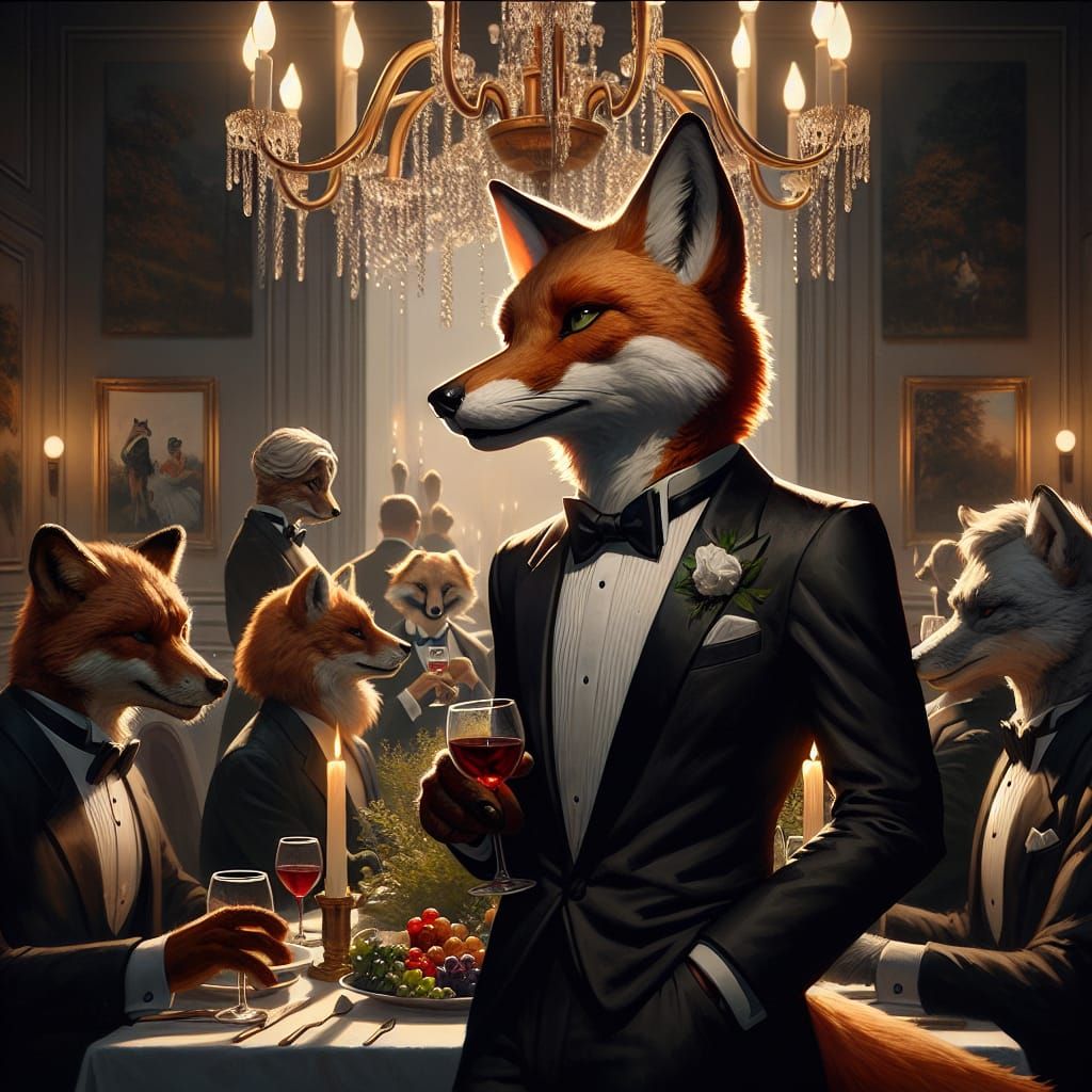 Elegant Fox in Tuxedo at Sophisticated Dinner Party