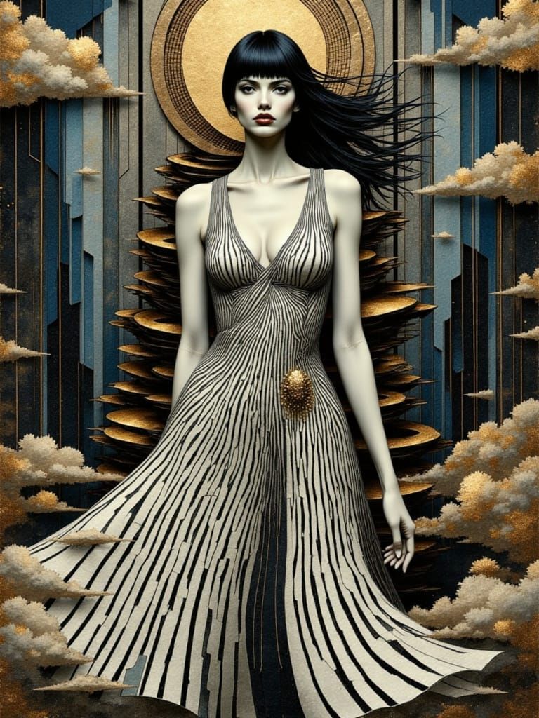 Woman in Stripes Against Surreal Geometric Background