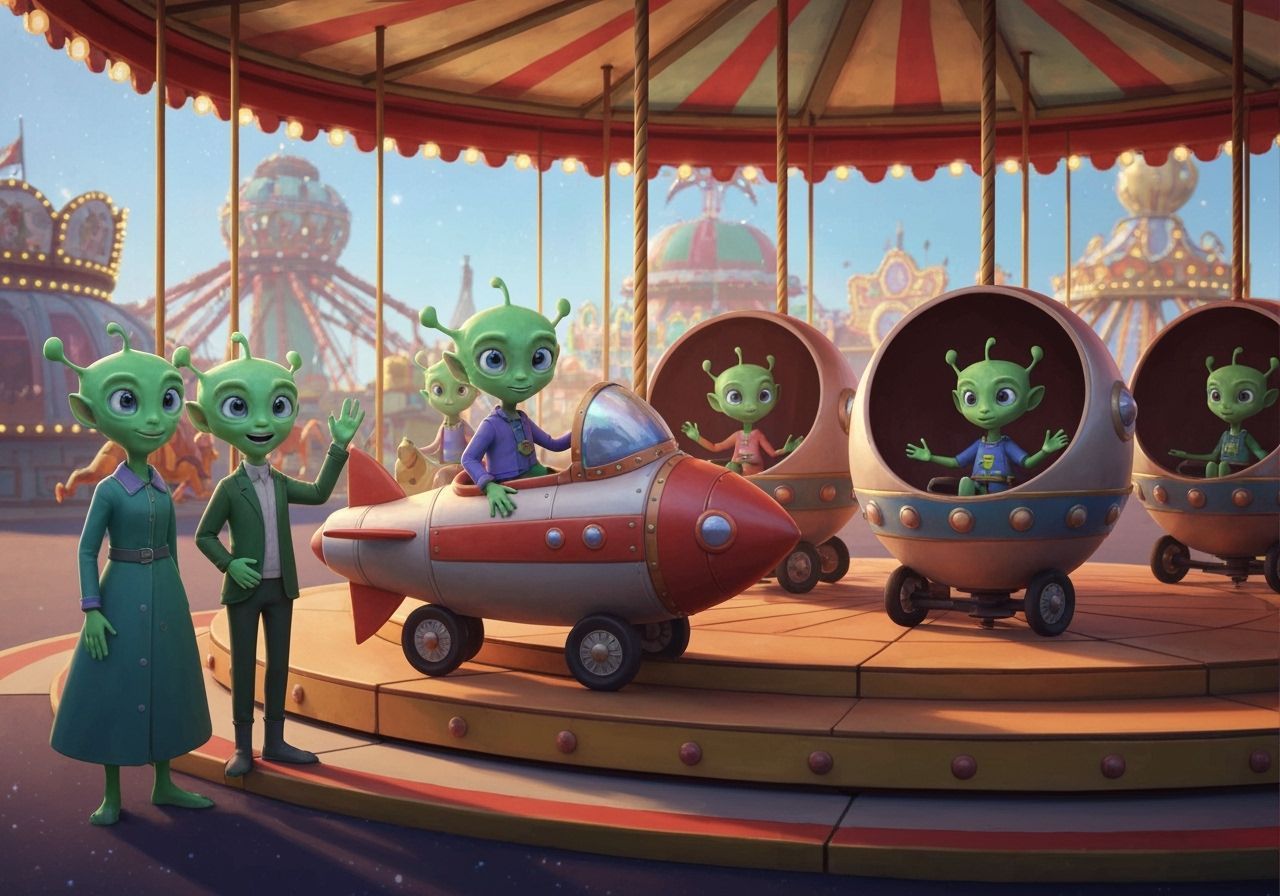 Cute Alien Family at Cosmic Fairground Carousel