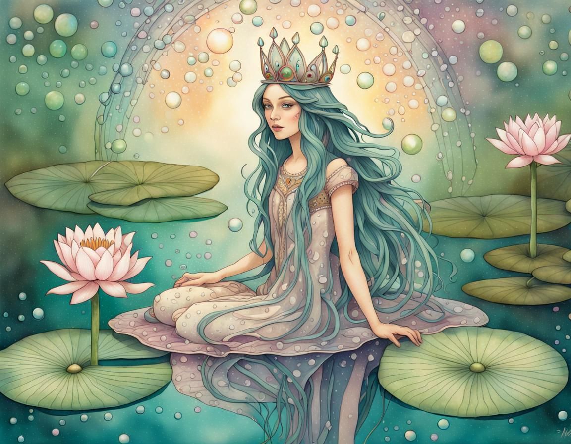 Ethereal Fairy on Lilypad in Art Nouveau Style