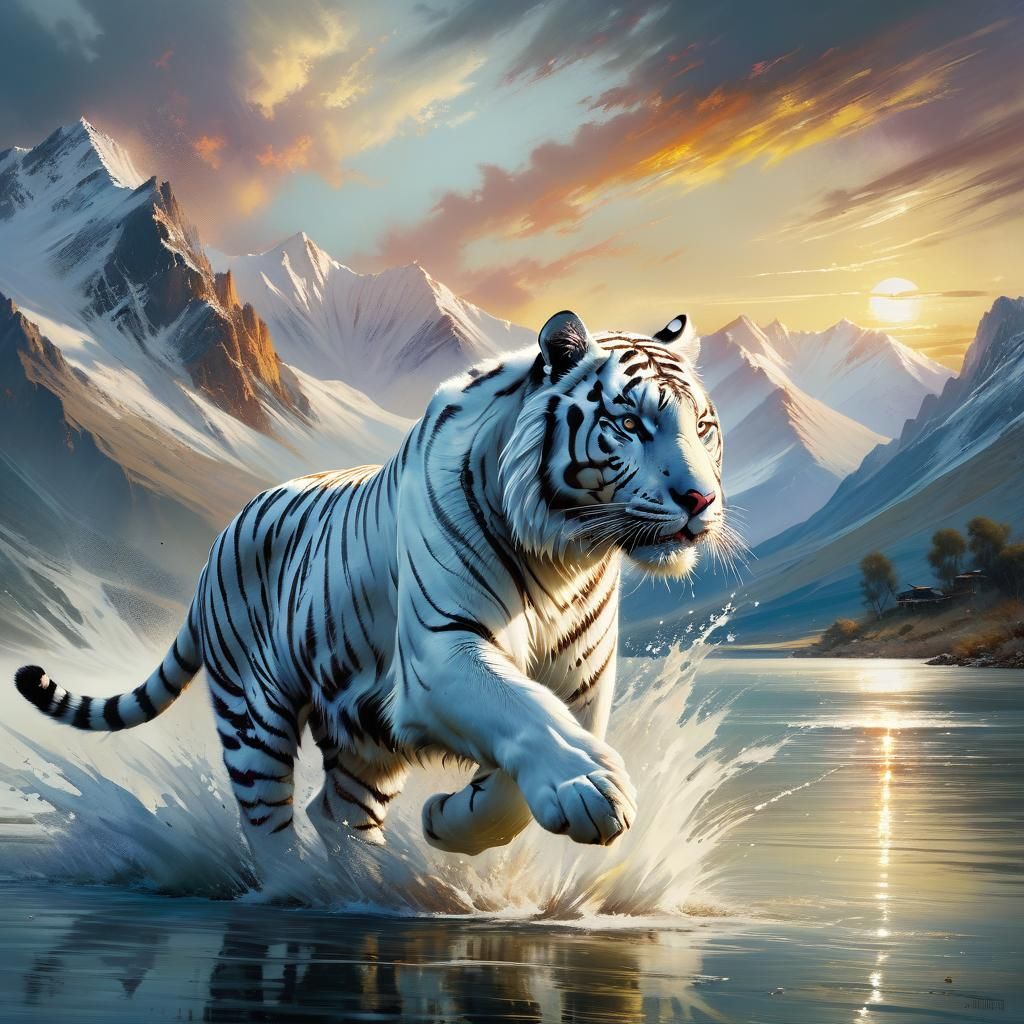 White Tiger Runs Through Mountain Lake